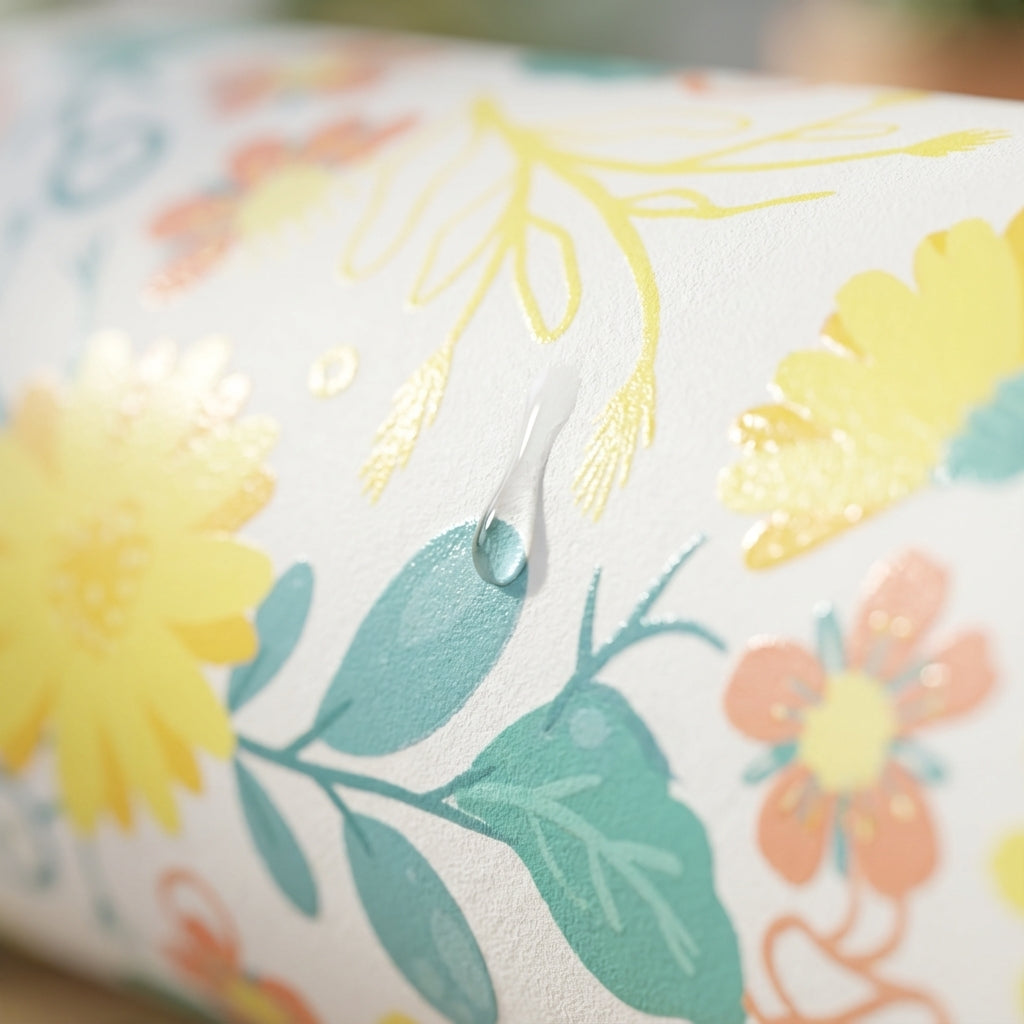 Detail shot - White 16oz travel tumbler featuring yellow, peach, and turquoise floral pattern with gray rim accent standing in natural light.