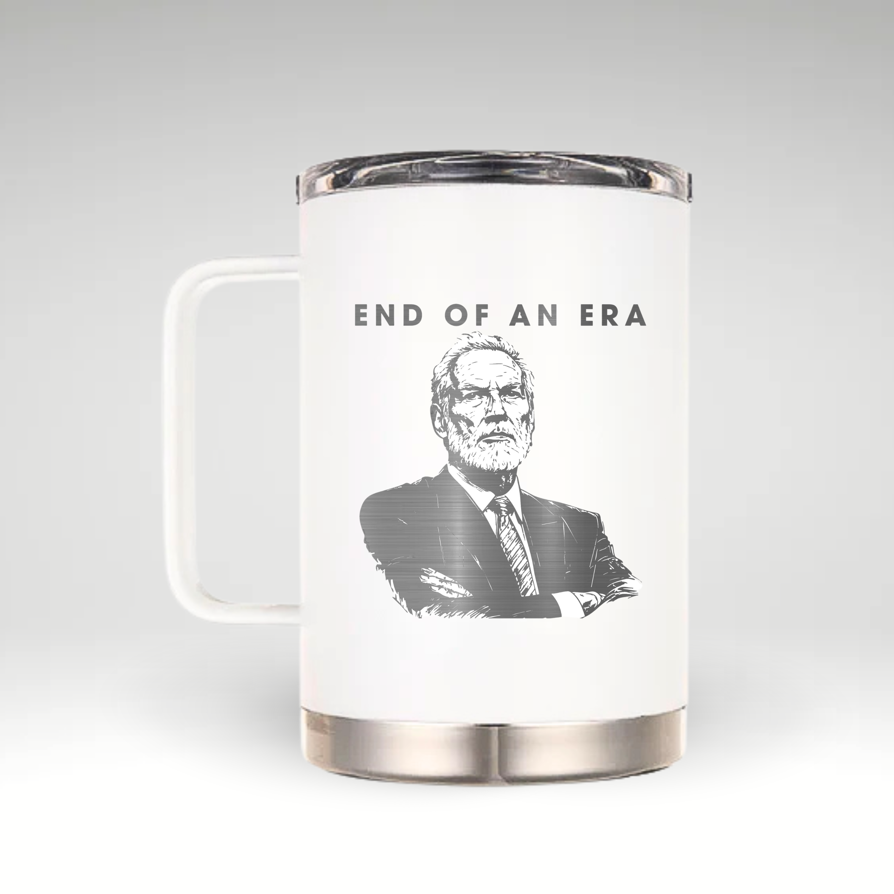 End of an Era Mug Featuring Gregg Popovich Insulated mug featuring Gregg Popovich illustration with END OF AN ERA text. #color_snow