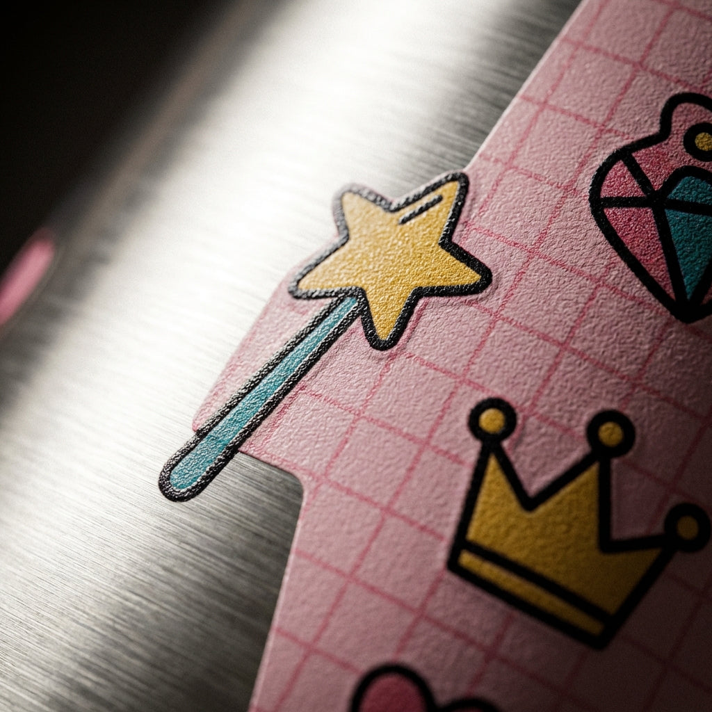 Detail shot - LAMOSE Goose 14oz kids water bottle featuring a pink grid pattern with cartoons of crowns, castles, and magic wands, with a purple lid and green handle.