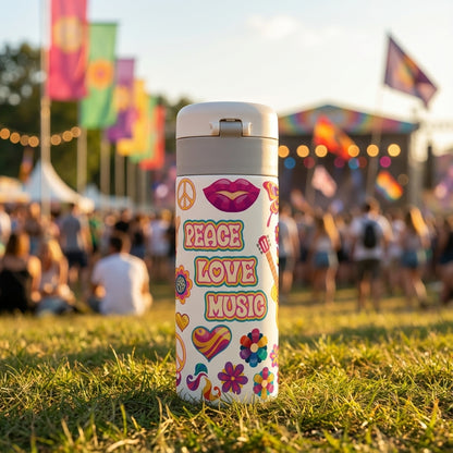 White 12oz compact travel tumbler featuring colorful 1960s hippie illustrations including peace signs, guitars, and flowers with a spill-proof gray flip lid.