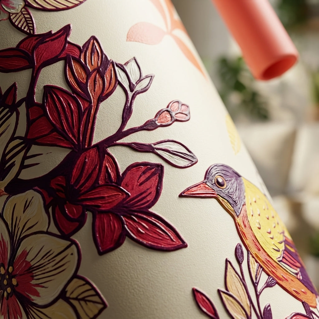 Detail shot - Cream colored 16oz tumbler with coral straw featuring red and purple flowers and birds sitting on a wooden table in a sunlit living room.