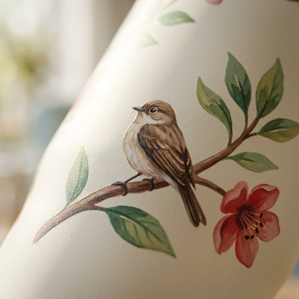 Detail shot - LAMOSE Cascade 40 oz tumbler in cream with vintage red floral and bird pattern, featuring a pale yellow handle and flip lid.