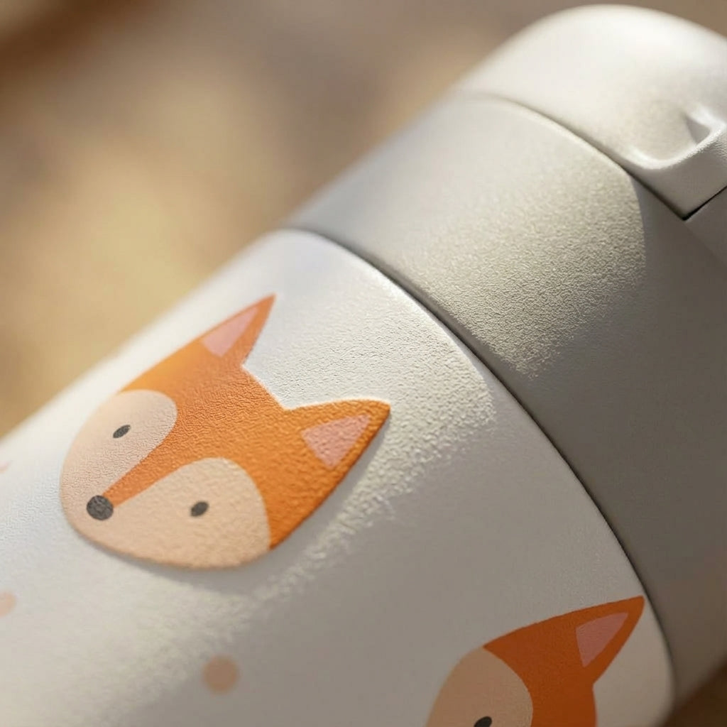 Detail shot - White LAMOSE Emerald 12 oz tumbler featuring a pattern of orange foxes, tan rainbows, and pink flowers with a grey spill-proof lid.