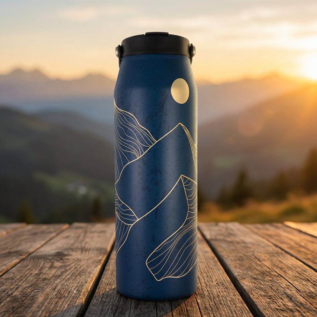 LAMOSE Grouse 34 oz dark blue tumbler with gold abstract mountain and sun line art standing on a rustic wooden surface.