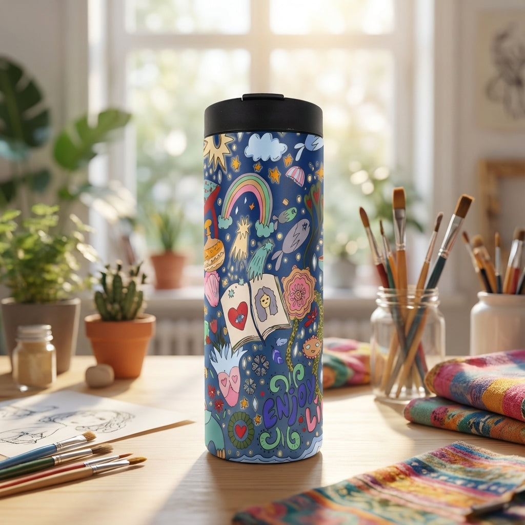 Dark blue 16oz travel mug featuring 'Enjoy Life' text surrounded by colorful doodles of stars, rainbows, clouds, and open books.