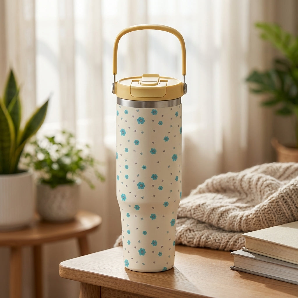 Cream colored 40 oz insulated tumbler with small blue flowers and grey hearts pattern, featuring a yellow handle and flip lid, sitting on a wooden table.