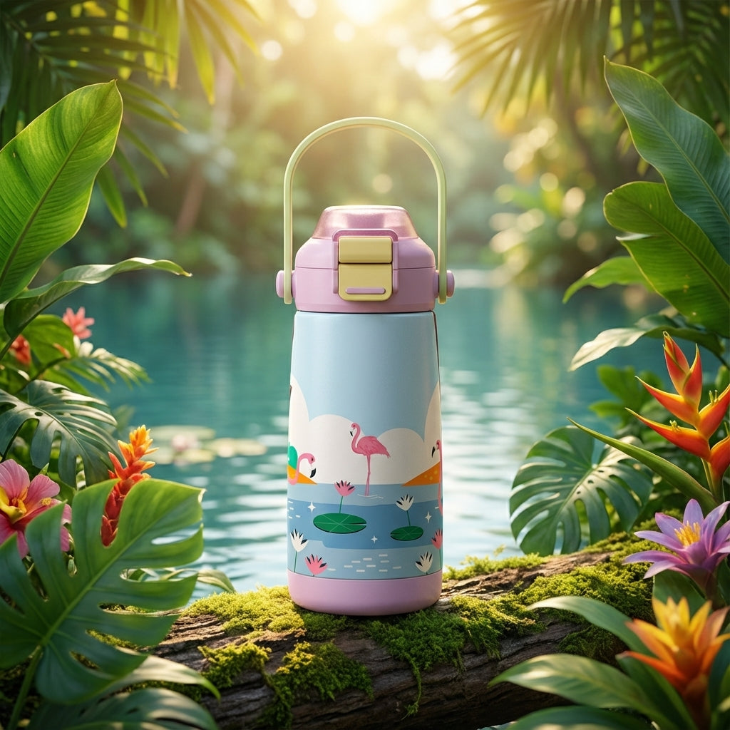 LAMOSE Goose 14 oz kids water bottle featuring pastel blue body with pink flamingo pattern, pink base and top, and light green handle.