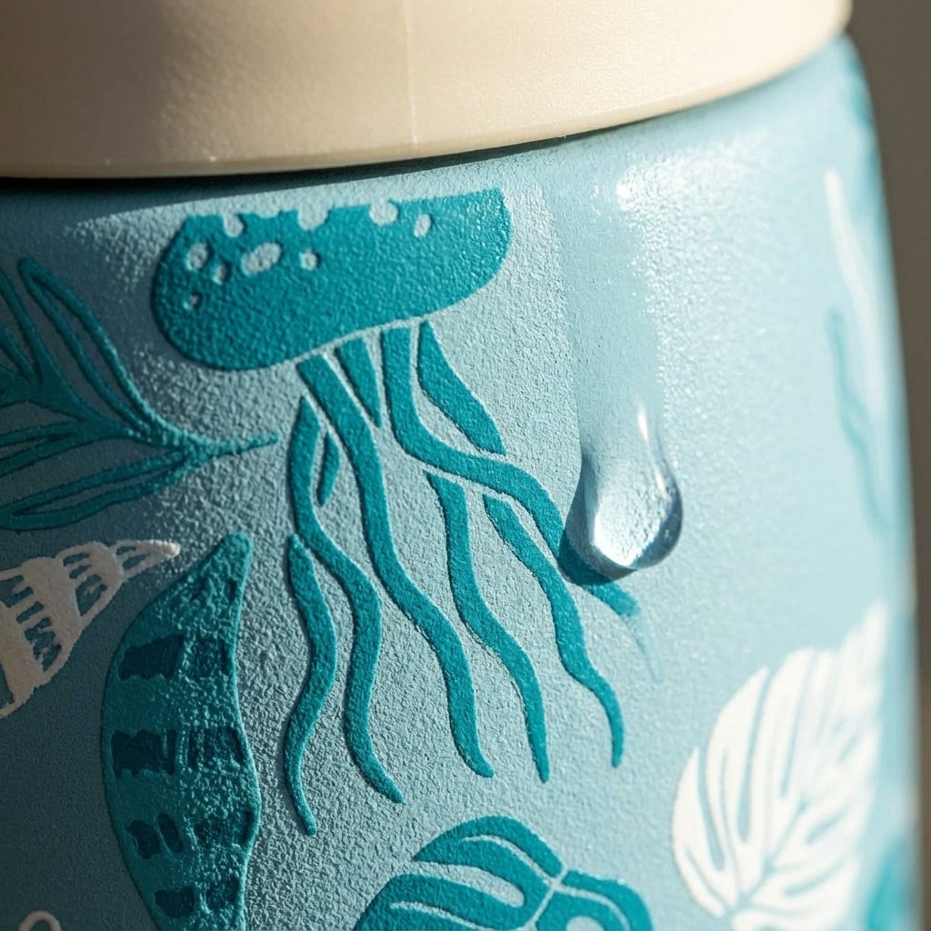 Detail shot - Light blue LAMOSE Goose 14 oz water bottle featuring teal and white sea life illustrations, a cream and orange lid, and a bright green handle.