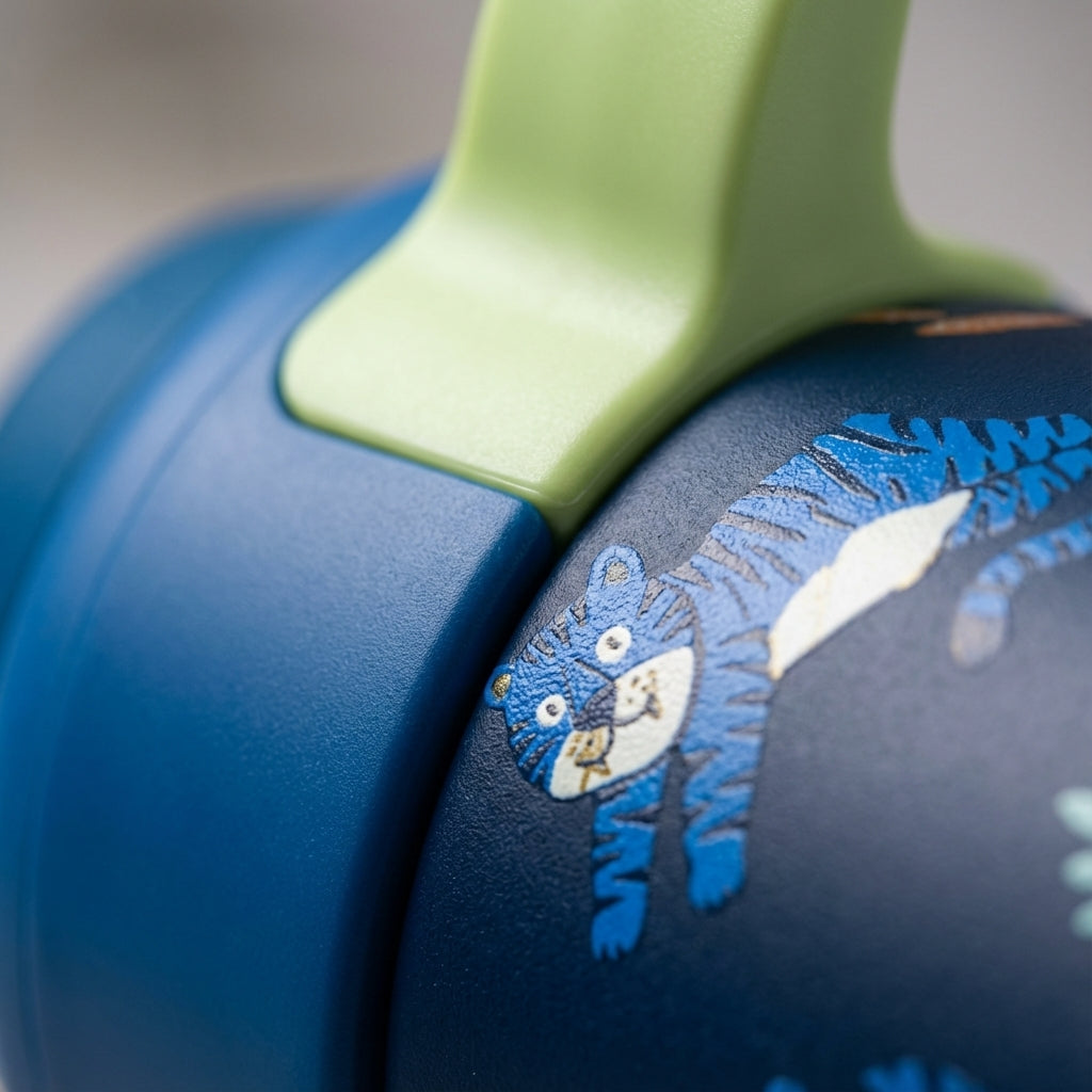Detail shot - LAMOSE Goose 14 oz kids water bottle featuring a dark blue body with cartoon tiger and leaf pattern, light green handle, surrounded by toys on a textured surface.