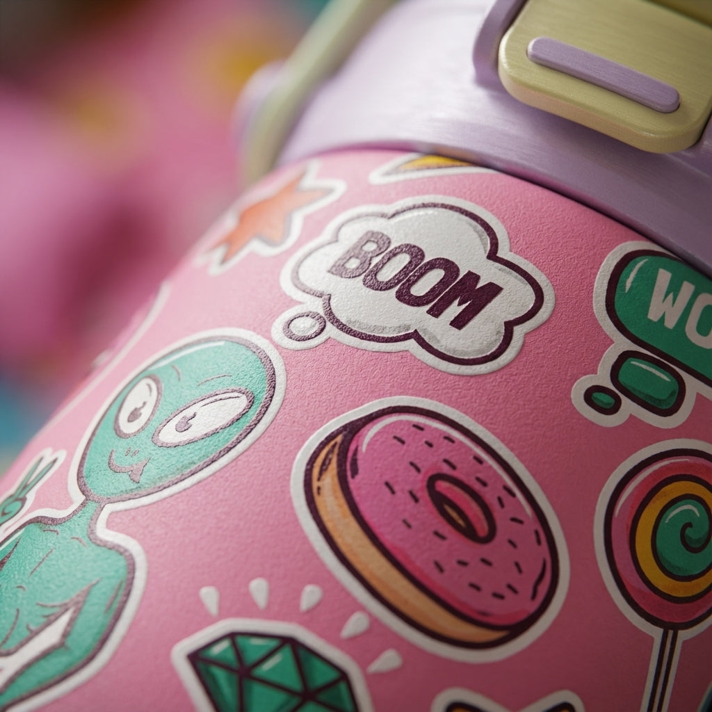 Detail shot - LAMOSE Goose 14oz kids water bottle featuring lavender accents and a pink body covered in cartoon stickers like aliens, donuts, and comic text bubbles.
