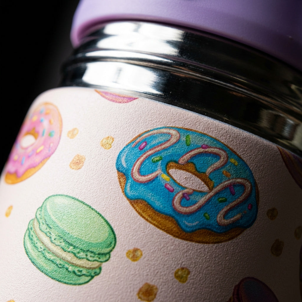 Detail shot - LAMOSE Goose 14 oz kids water bottle featuring a colorful pattern of doughnuts and macarons with a light purple lid and green handle.