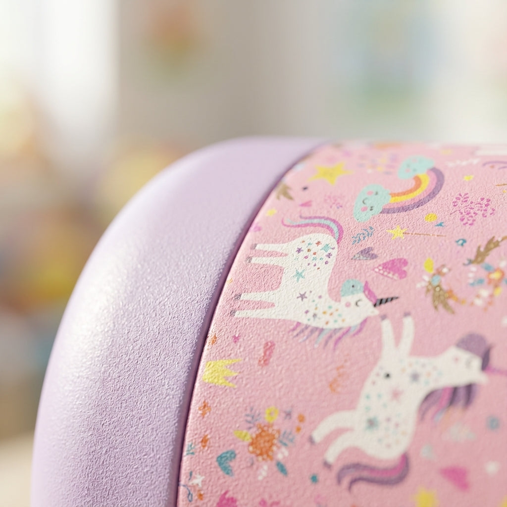 Detail shot - LAMOSE Goose 14 oz kids water bottle featuring a light purple body, pink section with cartoon unicorns and rainbows, light green handle and yellow clasp.