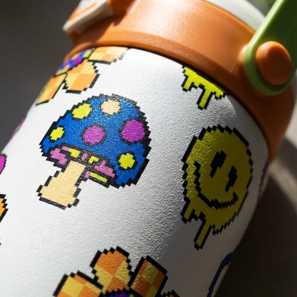 Detail shot - LAMOSE Goose 14oz kids water bottle featuring an orange base and a pixelated pattern of colorful mushrooms, flowers, and melting smiley faces.