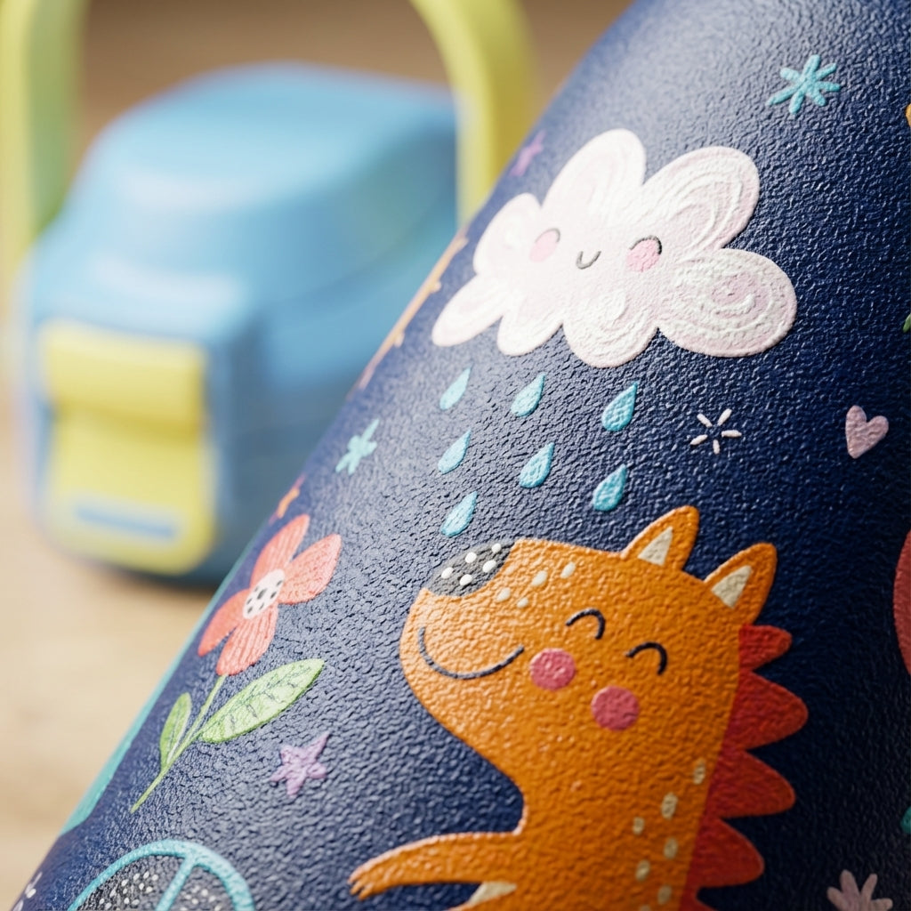 Detail shot - Navy blue LAMOSE Goose 14oz kids water bottle featuring illustrations of rainbows, smiling clouds, dinosaurs, and cars with a light blue lid and pale yellow-green handle