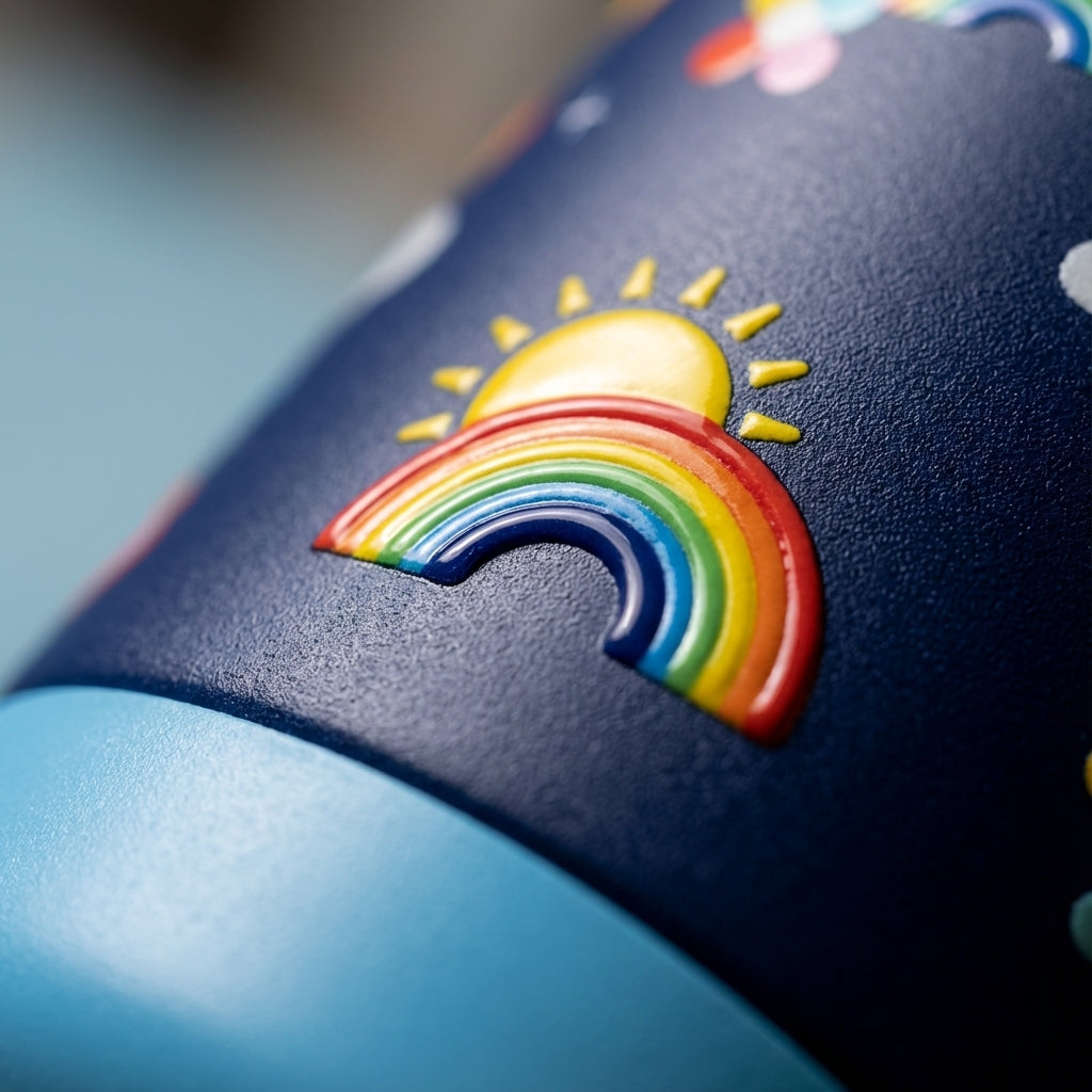 Detail shot - Navy blue Goose 14oz kids water bottle featuring colorful rainbow, sun, and cloud pattern with yellow handle on wooden table in natural light.