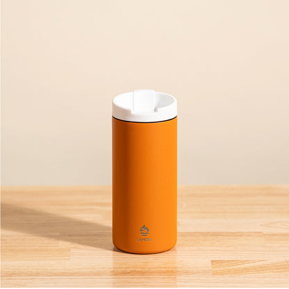LAMOSE Grouse 12 oz insulated tumbler in matte orange, stainless steel, front view. White leakproof flip-top lid and LAMOSE logo visible.