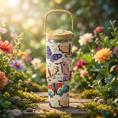 Close-up of beige LAMOSE Cascade 40 oz tumbler with colorful butterfly pattern sitting on a wooden table in a sunlit garden.