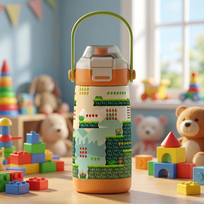 LAMOSE Goose 14 oz kids water bottle featuring a vibrant pixel art video game landscape with strawberries and ladders on an orange and green bottle.