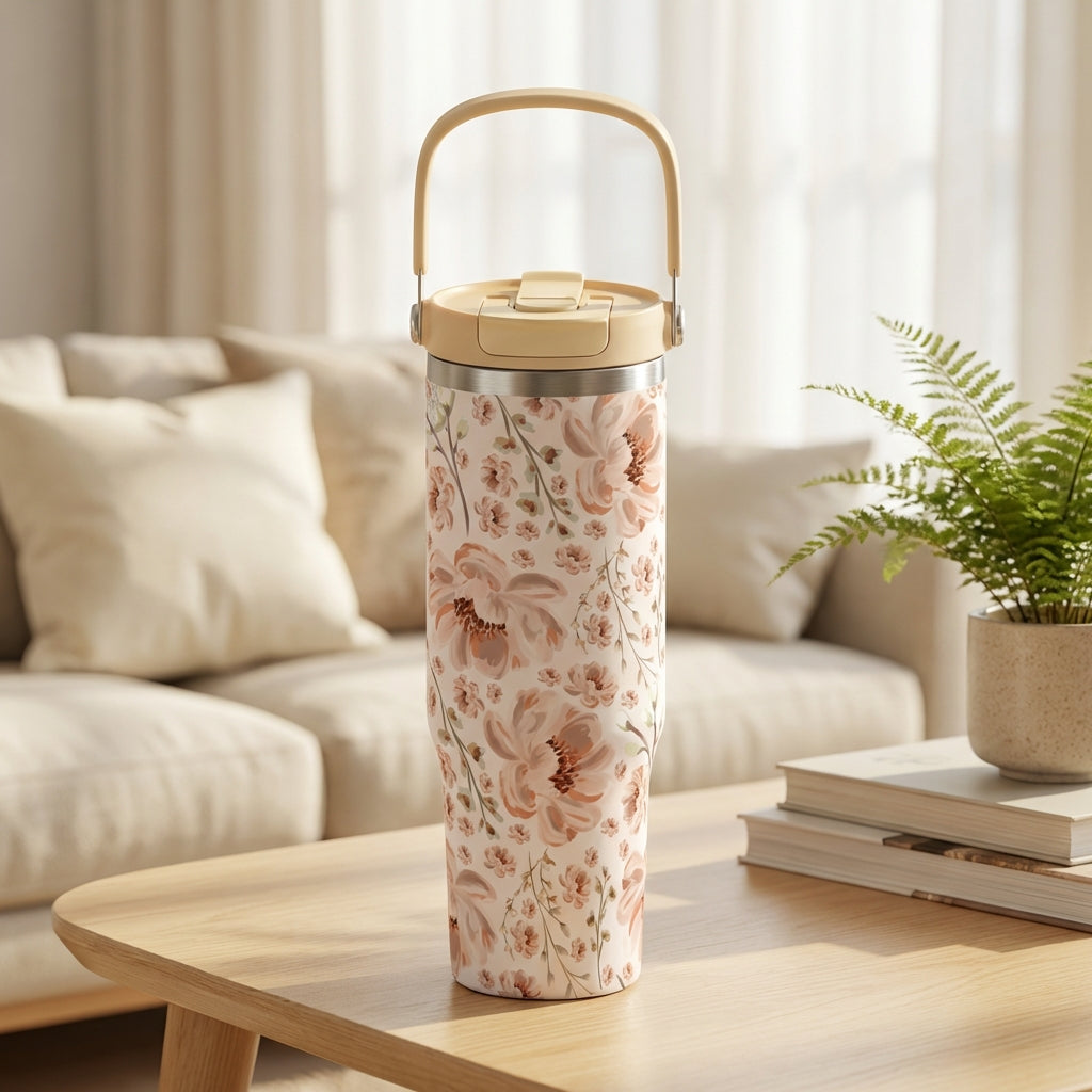 LAMOSE Cascade 40 oz stainless steel tumbler featuring a light beige body with soft brown, pink, and green floral patterns sitting on a wooden table.