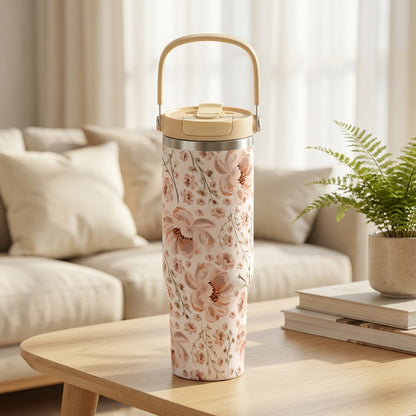 LAMOSE Cascade 40 oz stainless steel tumbler featuring a light beige body with soft brown, pink, and green floral patterns sitting on a wooden table.