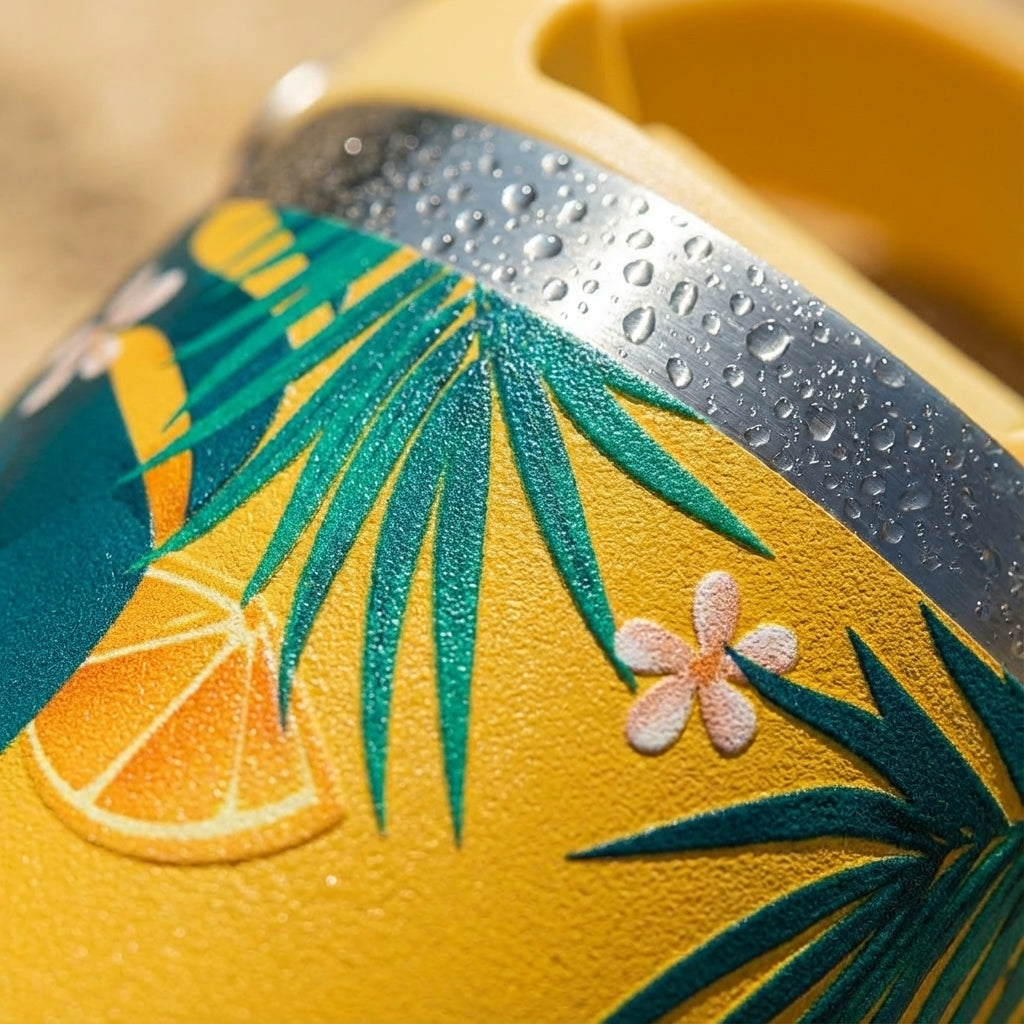 Detail shot - Yellow 40 oz Cascade tumbler sitting on white sand beach featuring Hello Summer text, tropical leaves, orange fruit segments, and pink flowers.
