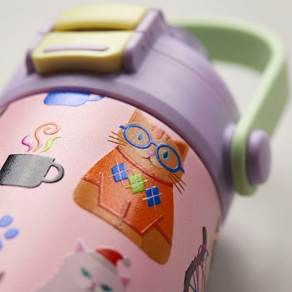 Detail shot - LAMOSE Goose 14oz light pink water bottle featuring cartoon cats in Santa hats, coffee cups, and yarn on a textured tan blanket.