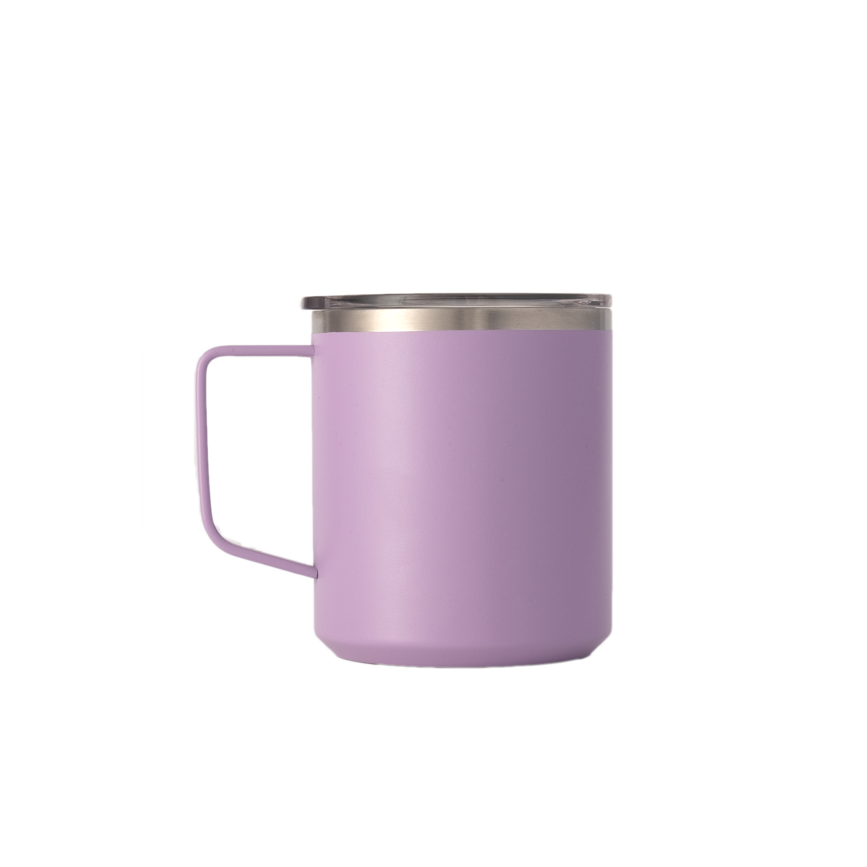 LAMOSE Hudson 12 oz lavender stainless steel insulated mug with handle and clear lid, matte finish, front view.