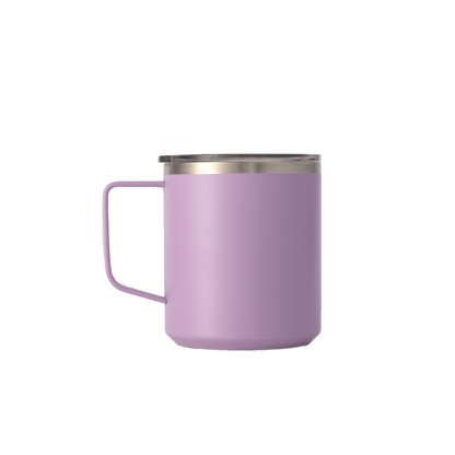 LAMOSE Hudson 12 oz lavender stainless steel insulated mug with handle and clear lid, matte finish, front view.
