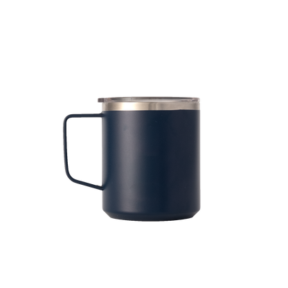 LAMOSE Hudson 12 oz insulated stainless steel mug in midnight blue, front view, with transparent lid and ergonomic handle.