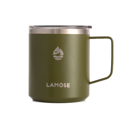 LAMOSE Hudson 12 oz insulated mug in pine green, front view. Features a comfortable handle, clear lid, and engraved logo.