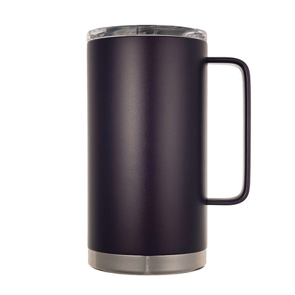 LAMOSE Nova Purple stainless steel insulated mug with handle, leak-proof slider lid, and brushed base, front right view.