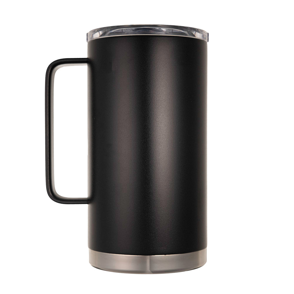 LAMOSE Hudson Pro Max 32 oz insulated mug in matte onyx black with large handle, clear lid, and stainless steel base, front view.