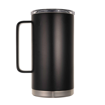 LAMOSE Hudson Pro Max 32 oz insulated mug in matte onyx black with large handle, clear lid, and stainless steel base, front view.