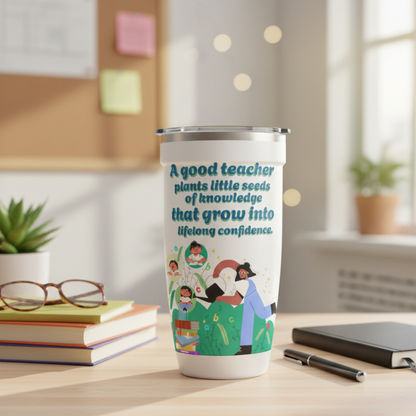 White 16oz insulated tumbler featuring an illustration of a teacher watering knowledge seeds, colorful books, and turquoise inspirational text.