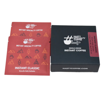 Hasty Coffee INSTANT CLASSIC box and sachets, black and red, perfect for your LAMOSE tumbler or mug. Smooth, bold, reliable instant coffee.
