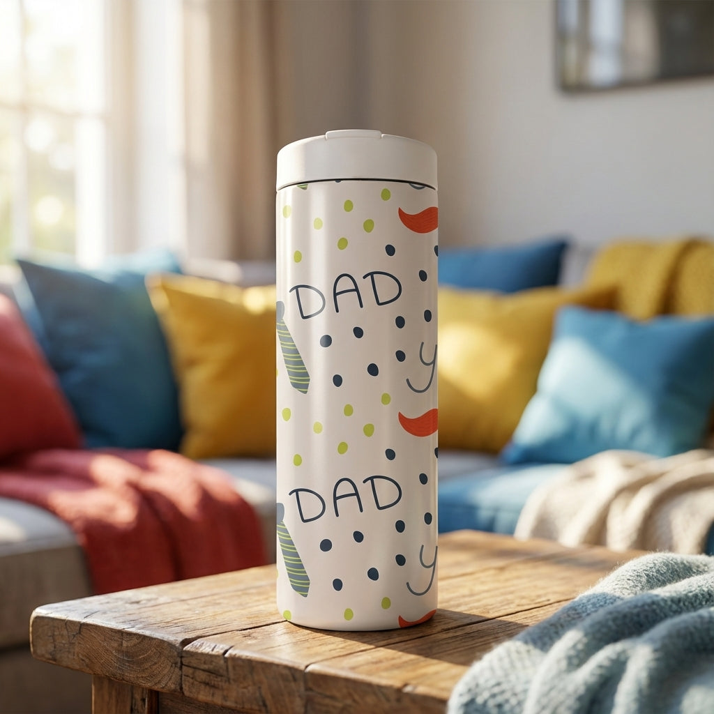 LAMOSE Grouse 16 oz tumbler featuring a beige background with a pattern of dark blue ties, orange mustaches, green polka dots, and the word DAD.