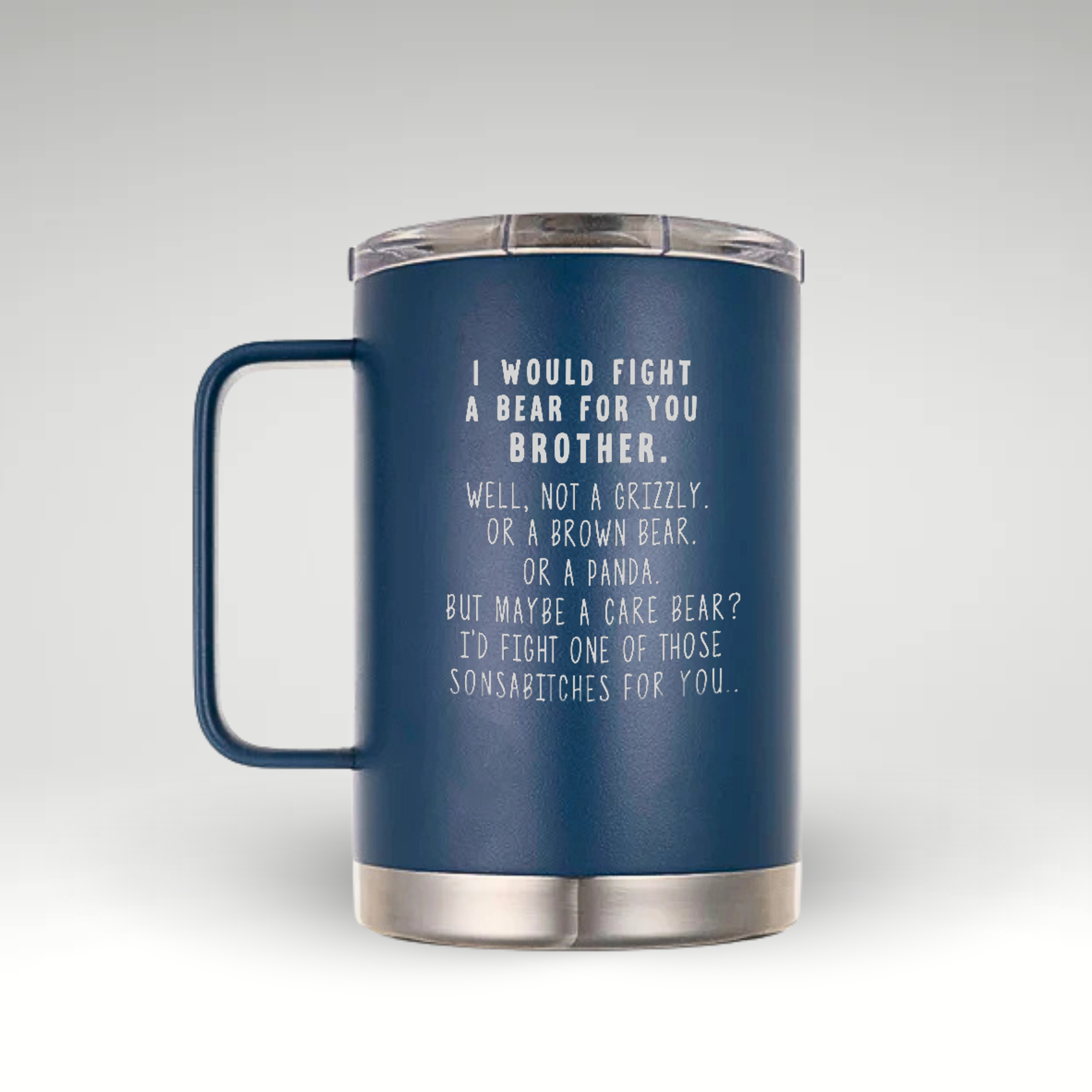 LAMOSE classic blue stainless steel insulated mug with handle, front view. Features funny bear fight quote, silver base, and clear lid.