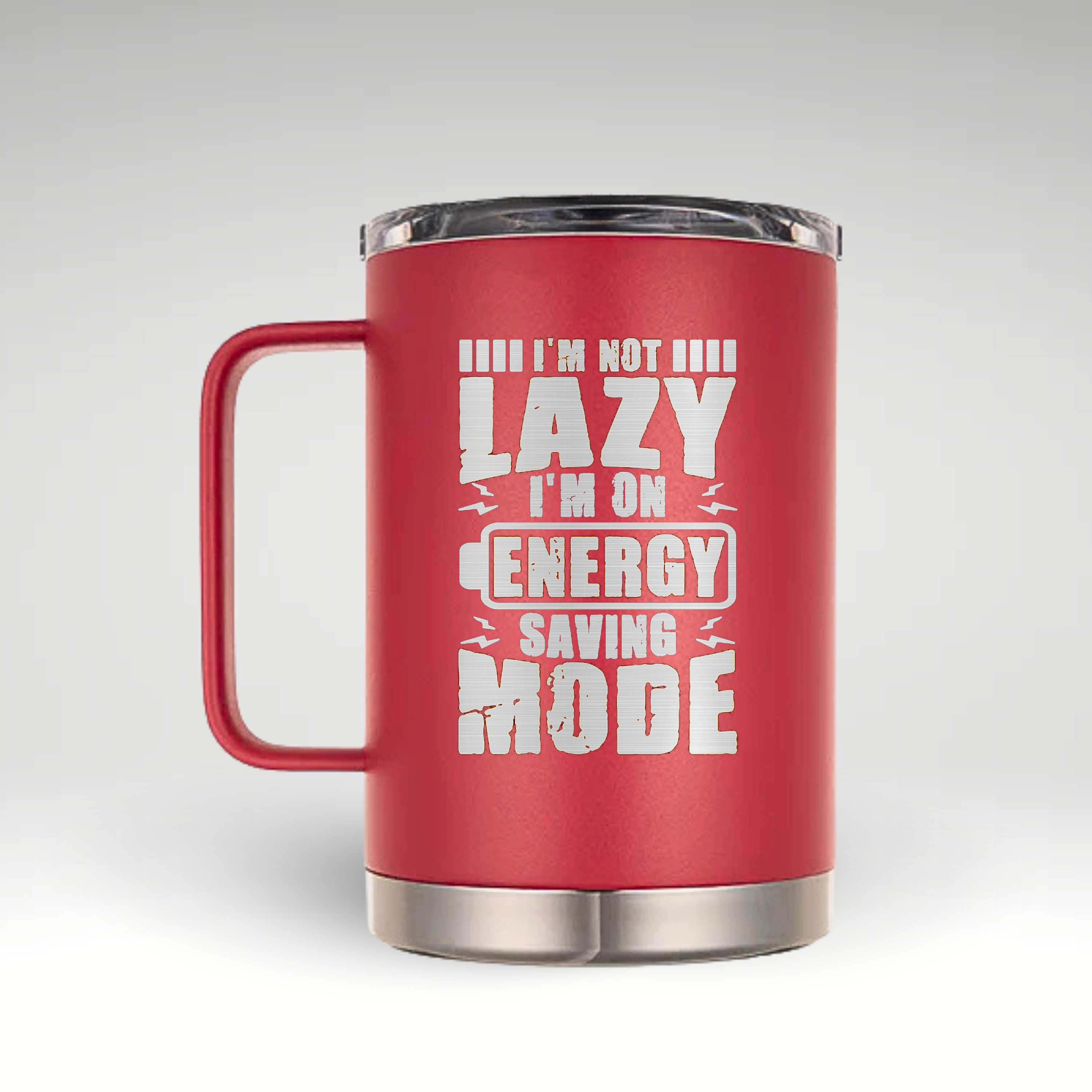 Energy Saving Mode Insulated Mug Insulated bold red mug with I’m not LAZY, I’m on ENERGY SAVING MODE text and lightning bolt accents.  #color_viva-magenta