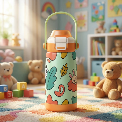 Mint green 14 oz kids water bottle with orange handle featuring a cartoon panda, rabbit on a cloud, and gold leaves.