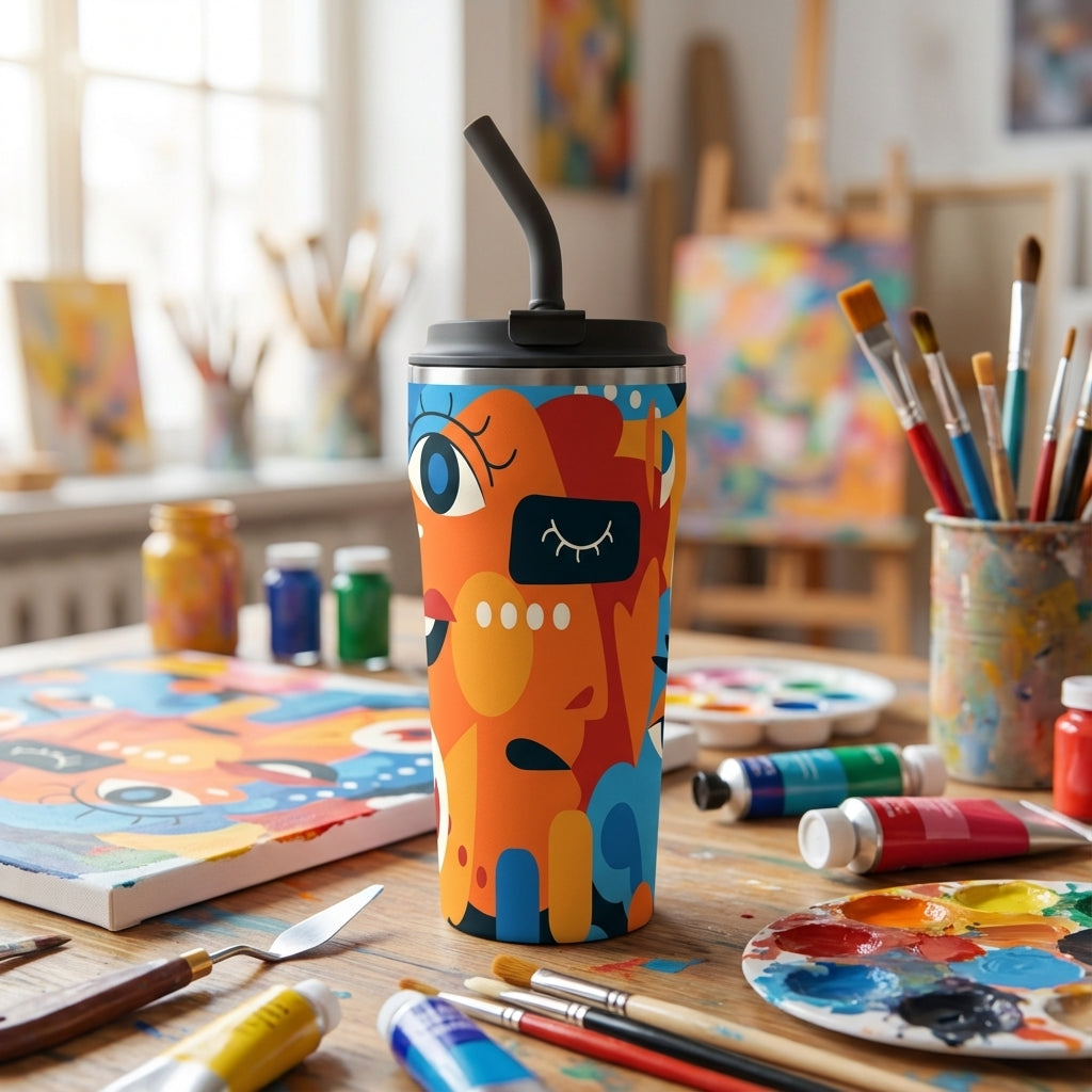 LAMOSE Bow 16 oz tall tumbler featuring a colorful abstract pattern with cartoonish faces and geometric shapes in orange, blue, and yellow.