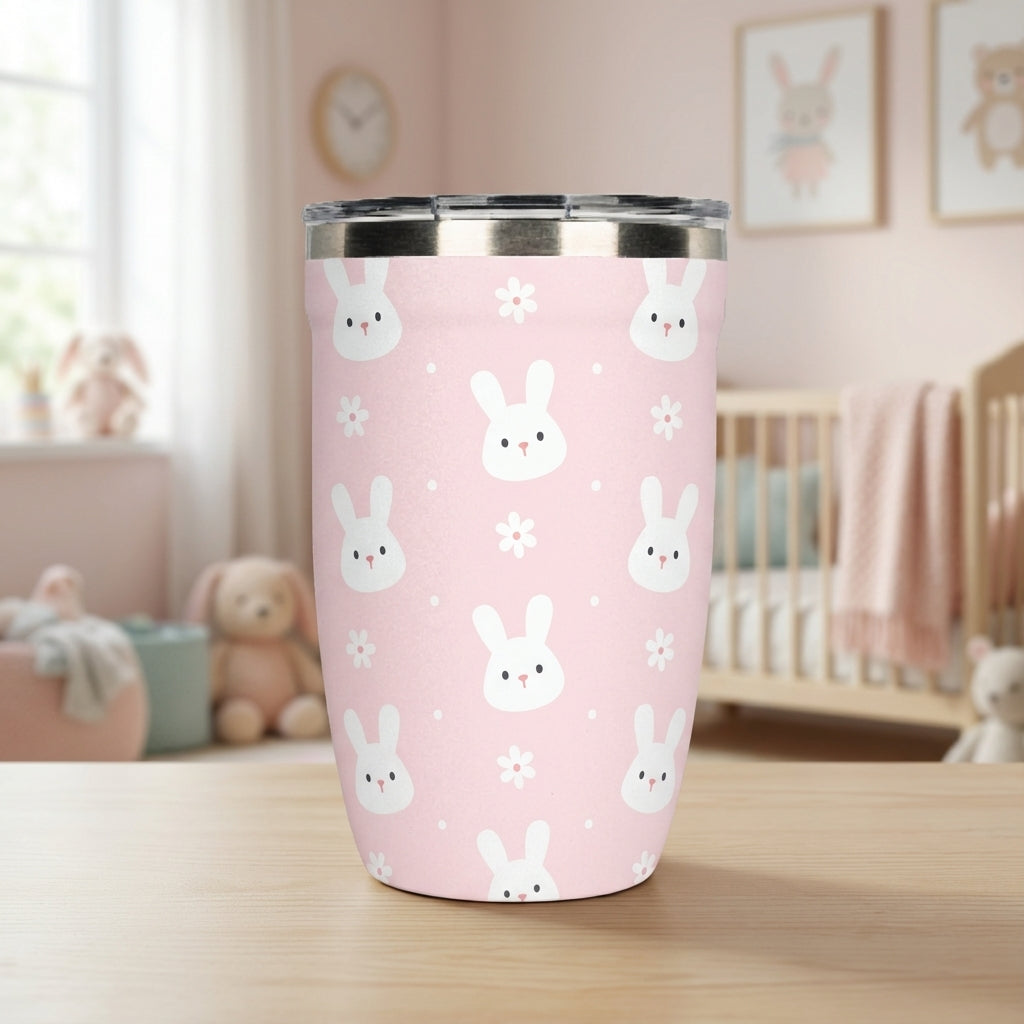 LAMOSE Peyto 12oz pink insulated mug featuring a pattern of white cute bunny faces and small flowers.
