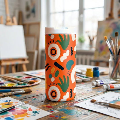 LAMOSE Grouse 12 oz tumbler with white lid, featuring a bright orange body with abstract green leaves, teal spots, and white geometric squiggles.