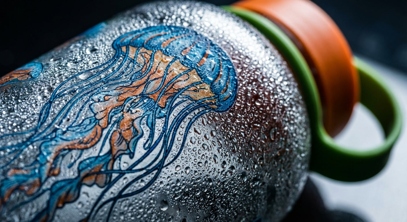 Detail shot - 14 oz light blue kids water bottle featuring a pattern of orange and blue jellyfish, with orange lid and green handles, resting on beach sand.