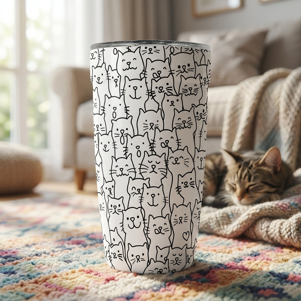 LAMOSE Peyto 16oz white stainless steel travel cup featuring a black line-art pattern of cute cat faces with various expressions
