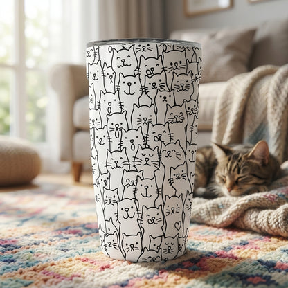 LAMOSE Peyto 16oz white stainless steel travel cup featuring a black line-art pattern of cute cat faces with various expressions