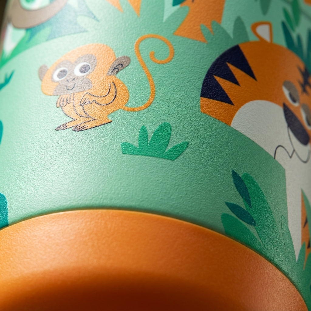 Detail shot - LAMOSE Goose 14oz kids water bottle featuring a vibrant jungle animal pattern with monkeys and tigers, orange base and lid, set against natural green foliage.