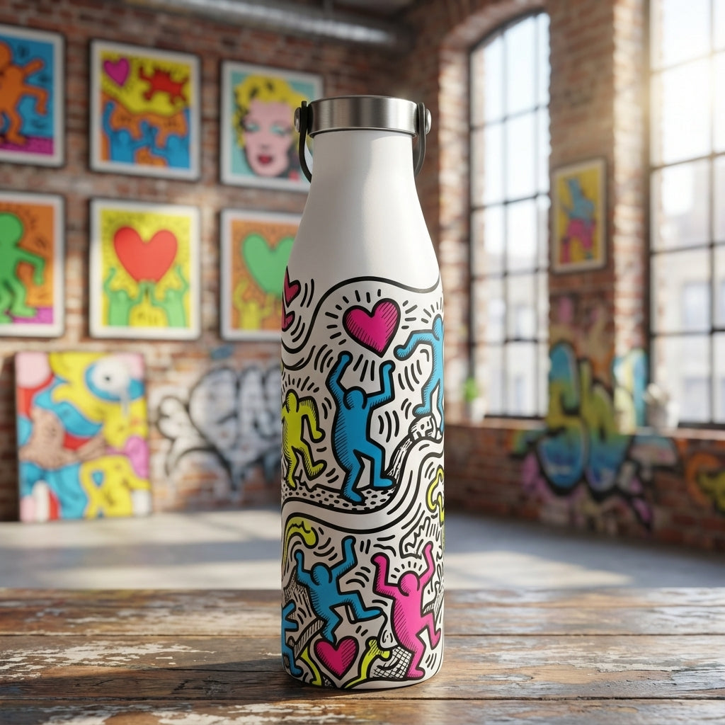 White LAMOSE Robson 21 oz water bottle featuring colorful cartoon figures and hearts in a pop-art style on a graffiti background