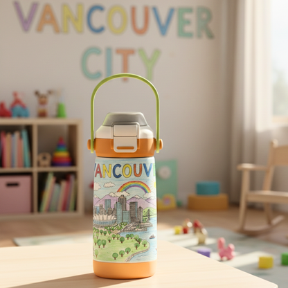LAMOSE Goose 14oz kids water bottle featuring a hand-drawn Vancouver cityscape illustration with rainbow, mountains, and trees on a light orange and green body.