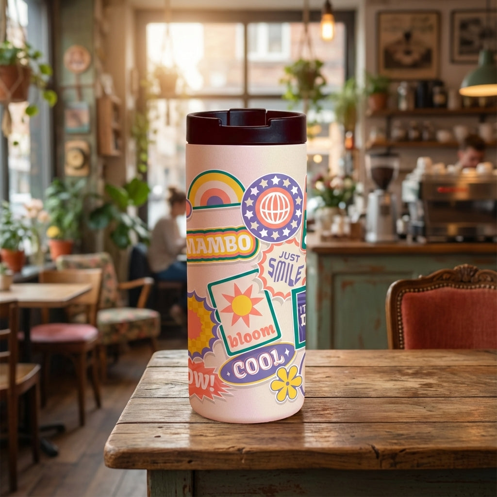Light pink 12oz insulated tumbler featuring a retro sticker collage with rainbows, suns, and positive words like Smile and Bloom.