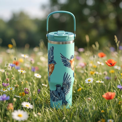 Muted teal Cascade 40oz tumbler featuring watercolor bluebirds in flight decal, insulated stainless steel travel mug with grey handle and lid.